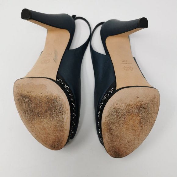 CHANEL Navy Blue Leather Chain Link Slingback Peep Toe Pumps Heels - Picture 10 of 11